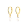 Detailed close-up of S925 sterling silver stamp on gold teardrop pendant earrings - Gold-White Zircon