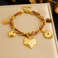 Bracciale con ciondolo a cuore in acciaio inossidabile dorato e corda in pelle marrone - Stile Cuore Sole Multielemento(B1978)
