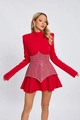 Rode mini-jurk met lange mouwen, zilveren strass-taille en gewatteerde schouders - S / Rood