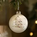 White frosted glass 8cm Christmas ball ornament with tree motif hanging on pine branch - 8x9cm / Christmas Tree