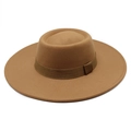 Detailed top view of camel wool fedora hat with flat crown and wide 9.5cm brim - Khaki