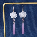Elegant purple lotus flower drop earrings with pearls on a golden metal stand - Purple Waterdrop Lotus Style (N-322)