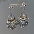 Detailed close-up of vintage silver tassel earrings with crystal studs and teardrop frame - Vintage Hollow Waterdrop Tassel Earrings / Silver & Gun Black (1#)