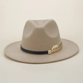 Khaki wool fedora hat with elegant black band and golden metal leaf buckle accessory - M(56-58cm) / Apricot