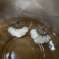 Detail of French style flower earrings with blue beads and white shell drops - 8# 925 Sterling Silver Earring Post - White/Red Gem Bohemian Disk Style