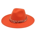 Detailed view of orange wide-brim fedora hat with a decorative chunky gold chain - Adult (57-60cm) / Orange