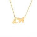 Minimalist gold necklace with letter L and butterfly silhouette pendant on white background - Letter L