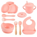 Pink 9-piece baby silicone feeding set with suction bowl, divided plate and soft bib - Full Tableware Set (Pink/Y12)