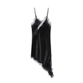 Elegant black satin slip dress with lace trim and asymmetrical hem on white background - S / Black