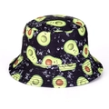 Detail of black bucket hat with cartoon avocado patterns and fine parallel stitching - M (55-58cm) / 24# Avocado