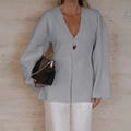 Elegant grey long-sleeve knit cardigan with deep V-neck and single button detail - S / Gray