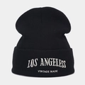 Makroaufnahme der Los Angeles Vintage Stickerei am Umschlag der schwarzen Strickmütze - Schwarz