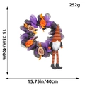 Halloween moon cat wreath with purple mesh, orange roses, and striped gnome, 15.75in - Purple Mesh Gnome Wreath