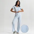 Women's light blue knit pajama set with short sleeve top and wide leg pants - S / Light Blue