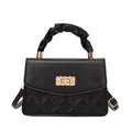 Black quilted crossbody bag with pleated handle and gold lock on white background - Black