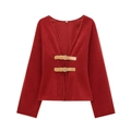 Veste rouge pour femme en laine avec col en V et boucles en cuir élégantes - XS / Rouge