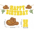 Cowboy themed Happy Birthday banner with glitter gold letters, hat and cactus icons - Western Cowboy Boy Theme / Gold