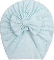 Close-up of light blue lace hollow pattern and bow detail on breathable baby turban hat - Blue