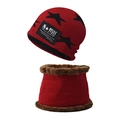 Detail of red winter knit hat and neck warmer set with warm plush lining and star embroidery - Star Set Red