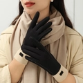 Women's warm winter fleece gloves in black and beige suede with touch screen support - Black