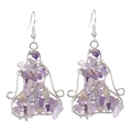 Macro detail of handmade silver wire wrapped purple amethyst stone yoga posture earrings - Purple Crystal