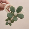 Translucent beige shark clip hair claw with elegant dark green floral decorations - Green Flower / Green
