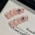 Unghie finte artigianali rosa nudo con diamanti a cuore e strass scintillanti eleganti - XS / Trapezio Extra Corto (2103)