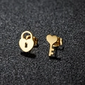 Minimalist gold asymmetric heart lock and key stud earrings in stainless steel - Heart Lock & Key / Gold