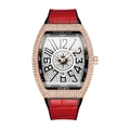 Rose gold tonneau watch with full diamond bezel and a vibrant red embossed leather strap - Red Strap Rose Gold Case