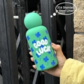 Mint green 316 stainless steel insulated bottle with lucky clover design - 350ml / Mint Green Spherical Lid / Mint Green Clover