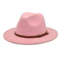Detail of pink wool fedora hat featuring brown leather belt strap and gold buckle - M (56-58cm) / Pink