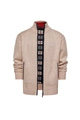 Men's slim fit beige knit cardigan with stand collar and zipper closure in white background - Beige
