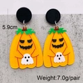 Halloween acrylic pumpkin and ghost drop earrings on light marble background - JE1011B (Ghost with Leaf)