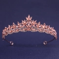 Elegant rose gold bridal tiara with champagne rhinestones in leaf patterns on purple backdrop - Champagne