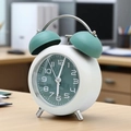 Classic white and green metal twin bell alarm clock on a minimalist wooden desk - 18 Green