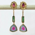 Elegant gold flower earrings with watermelon tourmaline and green gemstone drops - Rose Red