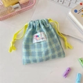 Blue and yellow plaid drawstring corduroy storage bag with a decorative brand label - 14cm*16cm / Cyan