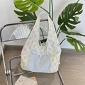 Bloemen canvas draagtas met blauwe gingham zak en strikdetails voor de zomer - Blauw