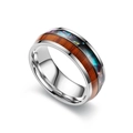 Macro detail of men's titanium steel ring with wood and opal inlay showing textures - US 6 / Silver-Shell+Wood