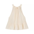 Chic cream halter neck top featuring lace patchwork and ruffled hem on white background - XS / Off White
