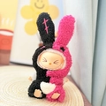 Labubu plush doll outfit featuring a black and rose pink hooded rabbit ear coat - Cute Two-tone Bunny Outfit / First And Second Generation Keychains Are Compatible With La Cloth Dolls. Dolls Not Included.