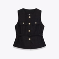 Classic black textured tweed sleeveless vest top with gold buttons and matching waist belt - XS / Black