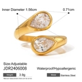 Detail view of gold-plated adjustable stainless steel ring with double pear-shaped stones - Double Pear Clear CZ Open Ring