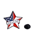Macro detail of star shaped enamel USA flag brooch with 4th of July text and butterfly clutch - Festival Star