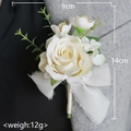 White silk rose boutonniere for weddings with green leaves and elegant white ribbon - Ivory White-Boutonniere