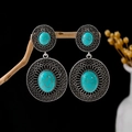 Vintage silver-tone earrings with turquoise stones and hollow floral patterns on branches - E5832/Double Tier Drop Hollow Blue Bead