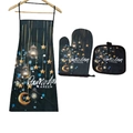 Ramadan Kareem kitchen set with apron, heat resistant glove, and pot holder in navy blue - Black Star (Ramadan Theme)