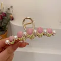 Elegant gold tulip hair claw clip with purple enamel flowers and white pearls - Pink Purple Tulip Metal Hair Claw