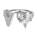 S925 sterling silver open ring with zircon heart and letter V detail in silver finish - Silver Letter V