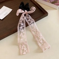 Elegant black velvet bow hair tie with long pink floral lace ribbons on wooden tray - Scrunchie / Pink-Black